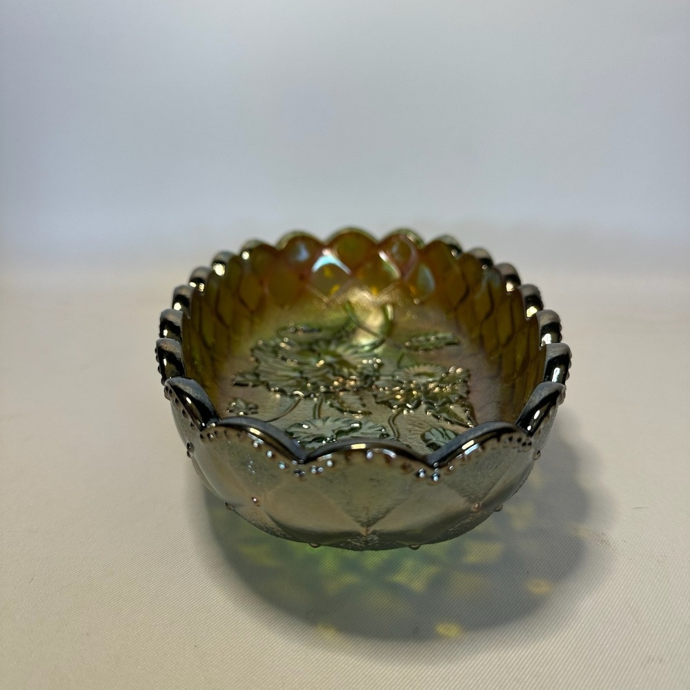 Vintage Imperial Carnival Glass Green Floral Pansy Oval Footed Bowl Serving Dish - Picture 2 of 7